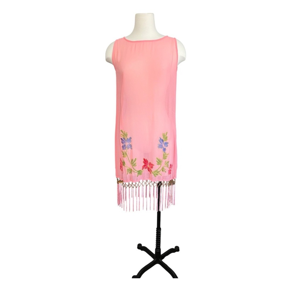 REVUE Vintage Sheer Tunic Dress Pink Coral Beaded Fringe Artsy Boho Festival Med